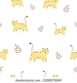 Seamless pattern on white background with funny yellow tigers and palm leaves. Funny illustration for tote bags, kids prints, print fabrics, wrapping paper, room decorations