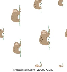 Seamless pattern on white background with relaxed sloth hanging on a branch. Funny illustration for tote bags, kids prints, print fabrics, wrapping paper