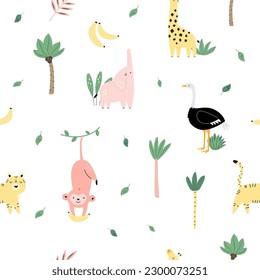 Seamless pattern on white background with funny african animals - monkey, tiger, elephant, giraffe, ostrich. Colorful illustration for tote bags, kids prints, print fabrics, wrapping paper, room decor