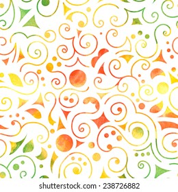 Seamless pattern on white background, multicolor swirls, circles, triangles and leaves . Vectorized watercolor. 