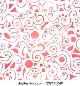 Seamless pattern on white background, pink and red swirls, circles, triangles and leaves . Vectorized watercolor. 