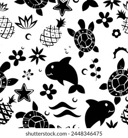 A seamless pattern on a white background, decorated with black silhouettes of cheerful sea creatures - playful dolphins and sea turtles, creates a feeling of harmony.