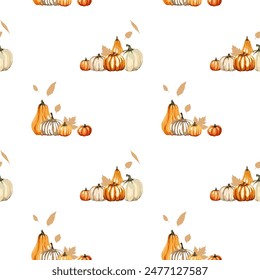 Seamless pattern on a white background. Set with pumpkins and leaves. Vector illustration.