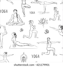 
Seamless pattern on a white background. Asana yoga freehand drawings