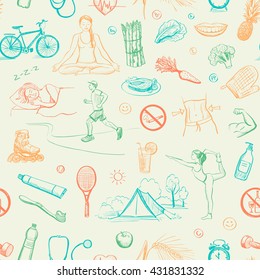 
Seamless pattern on a white background colorful sketches on a healthy lifestyle. 