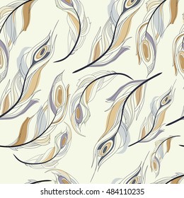 Seamless pattern on a white background with the image of a bird peacock feathers, full graphic manner. Vector illustration.