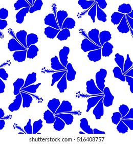 Seamless pattern on white background. Vector hand drawn painting of hibiscus flowers in blue colors.