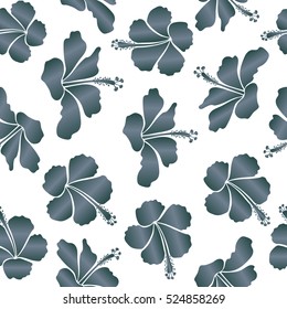 Seamless pattern on white background. Vector hand drawn painting of hibiscus flowers in blue and neutral colors.