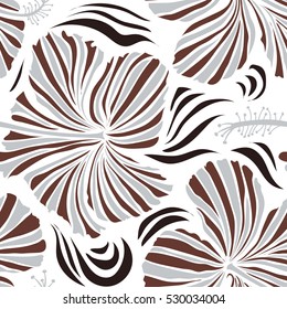 Seamless pattern on white background. Vector hand drawn painting of hibiscus flowers in brown and gray colors.