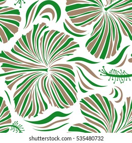 Seamless pattern on white background. Vector hand drawn painting of hibiscus flowers in green and beige colors.