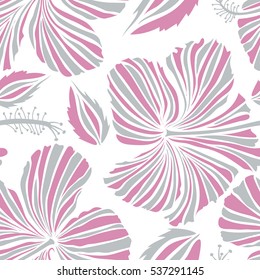 Seamless pattern on white background. Vector hand drawn painting of hibiscus flowers in white and pink colors.