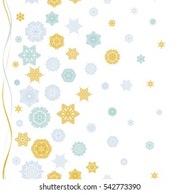 Seamless pattern on white background. Arab, Asian, ottoman motifs in blue and yellow colors. Simple snowflakes seamless pattern, floral elements, decorative ornament. Vector illustration.