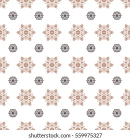 Seamless pattern on white background. Vector illustration. Arab, Asian, ottoman motifs in beige and brown colors. Simple snowflakes seamless pattern, floral elements, decorative ornament.
