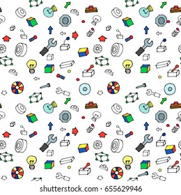 Seamless pattern on a white background, cogs, blocks, robot parts, designer, vector illustration for fabric, paper, packaging, toys.