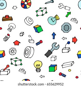 Seamless pattern on a white background, cogs, blocks, robot parts, designer, vector illustration for fabric, paper, packaging, toys.