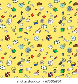 Seamless pattern on a white background, gears, blocks, parts, robot, designer, vector illustration for fabric, paper, packaging, toys, school notebooks.