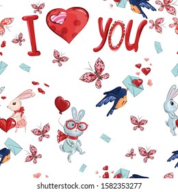 Seamless pattern on a white background.Loving bunnies girl and boy hold a heart. The bird carries an envelope with a romantic message. Text: “I love you.” Valentine's day character. Vector. Cartoon.