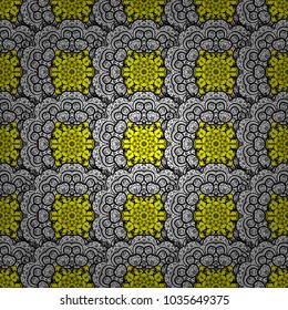 Seamless pattern on white, black and yellow colors with colors elements and with white doodles. Seamless Colors pattern. Vector oriental ornament.