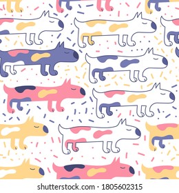 
Seamless pattern on white with colorful spotted dachshunds. Lovely multicolored long dogs repeated with abstract ornament. For kids apparel and childish textile design.