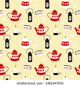 Seamless pattern on a winter Christmas theme -  cup tea and a teapot, a candle and a candlestick. Hygge attributes in scandinavian style.