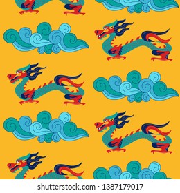 Seamless pattern on yellow background. Traditional Chinese pattern with Chinese dragons. Vintage abstract seamless pattern with China. Textile design. Textile ornament. Richly decorated with beautiful