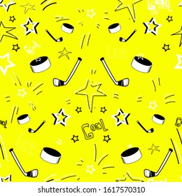 Seamless pattern on a yellow background. Vector elements of a hockey stick, hockey puck and stars. Use for print, fabric, wallpaper, 