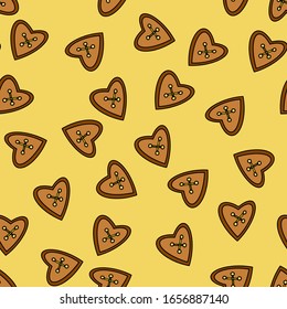 Seamless pattern on a yellow background with a button in the shape of a heart, hand-drawn line, Doodle. Symbol of love, Valentine's Day, wedding.good illustration. symbol.Sewn button.Vector 