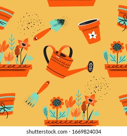 Seamless pattern on a yellow background. Tools for seasonal work in the garden.