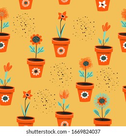 Seamless pattern on a yellow background. Flower pot.
