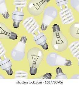 seamless pattern on a yellow background fluorescent lamp, incandescent lamp, LED; Vector illustration