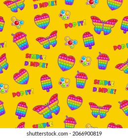 Seamless pattern on a yellow background with fashionable anti-stress rainbow color games.