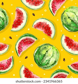 seamless pattern on yellow background watermelon. Trendy summer background. Vector bright print for fabric or wallpaper