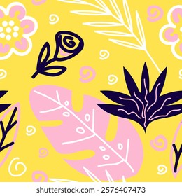 Seamless pattern on a yellow background abstract laconic linear flowers palm leaves in a minimalist style Vector