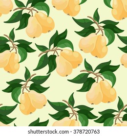 Seamless pattern on yellow background. Vector illustration with pears.