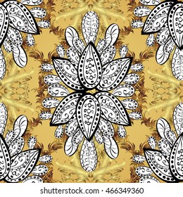 seamless pattern on yellow background with golden floral golden elements. Vector illustration.