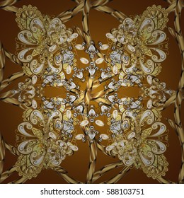 Seamless pattern on yellow background with golden elements. Brilliant lace, stylized flowers, paisley. Vector oriental style arabesques. Openwork delicate golden pattern. Seamless golden texture curls