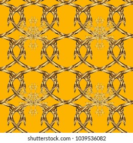Seamless pattern on yellow, brown and beige colors with golden elements. Classic vintage background. Traditional orient ornament. Classic vector golden seamless pattern.