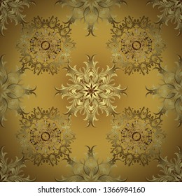Seamless pattern on yellow and brown colors. Golden elements in oriental style arabesques. Vector golden seamless pattern. Seamless golden textured curls.
