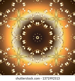 Seamless pattern on yellow and brown colors with golden elements. Oriental style arabesques. Brilliant lace, stylized flowers. Seamless golden texture curls. Vector. Openwork delicate golden pattern.