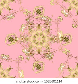 Seamless pattern on yellow and neutral colors with golden elements. Vector illustration. Classic vintage background. Traditional orient ornament. Seamless classic vector golden pattern.