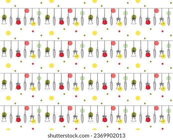seamless pattern of one continuous line of Christmas tree toys and balls, Christmas, holiday