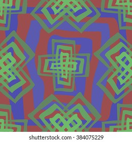 Seamless pattern with one inside the other geometrical cross shapes on blue and red background