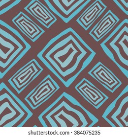 Seamless pattern with one inside the other blue square shapes on brown background