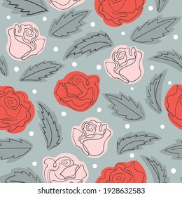 Seamless pattern with one line art roses. Abstract floral vector illustration for prints, textile, wrapping paper.