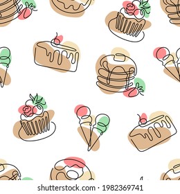 Seamless pattern of one line art style dessert with color splash on white background. Kitchen concept.