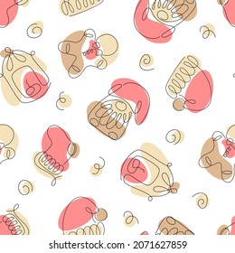 Seamless pattern from one line art Christmas elements. Christmas lantern, gingerbread man, gnome, Christmas hat and stocking. Ideal for wrapping paper, home decor, and textiles.