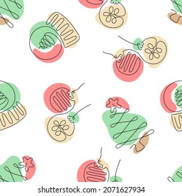 Seamless pattern of one line art christmas elements. Christmas tree, snow globe and christmas balls. Ideal for wrapping paper, home decor and textile.