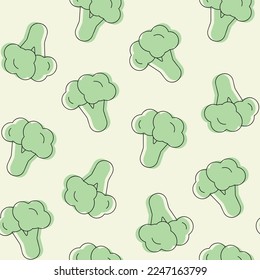 Seamless pattern with one line cartoon minimalist broccoli. Vegan healthy food pattern for nutritionist. Green vegetables vector print for wrapping paper.