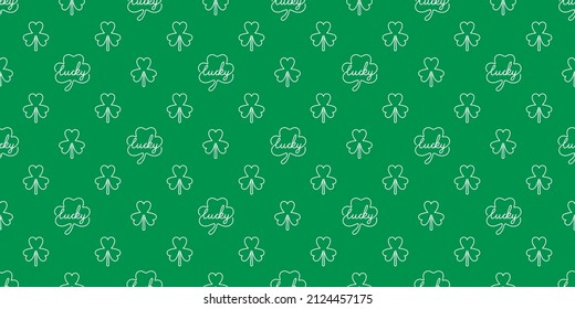 Seamless pattern one line continuous clover and shamrock with lucky text on green background design for Irish holiday st. Patrick's day vector illustration