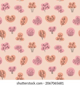 Seamless pattern of one line drawing abstract flowers, grass on liquid shapes. Trendy contour pattern outline plants. Hand drawn design for fashion, girls clothes, fabric, wrap paper, invitation